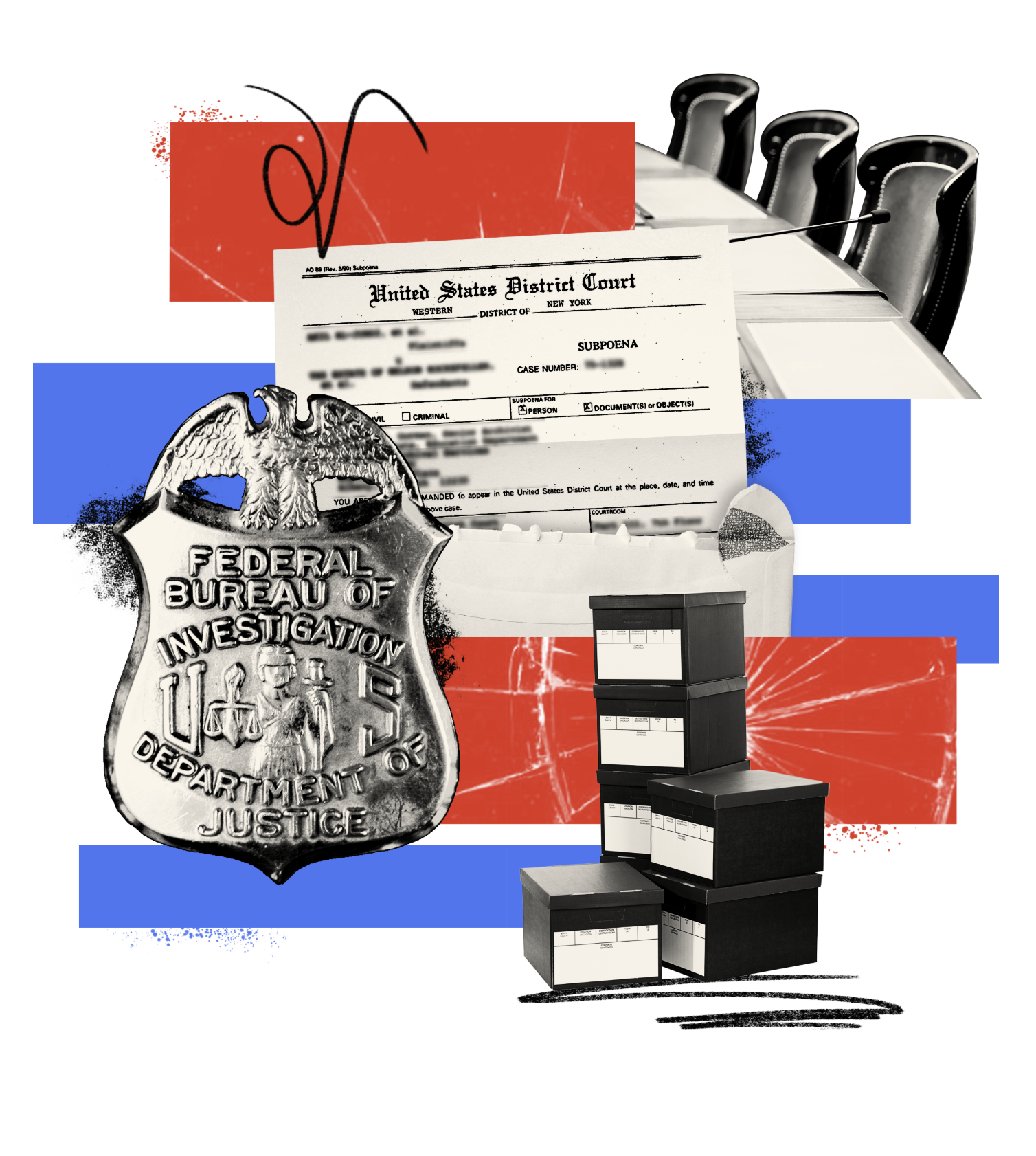 Collage of blue and red stripes, an FBI badge, file boxes, and a court order.