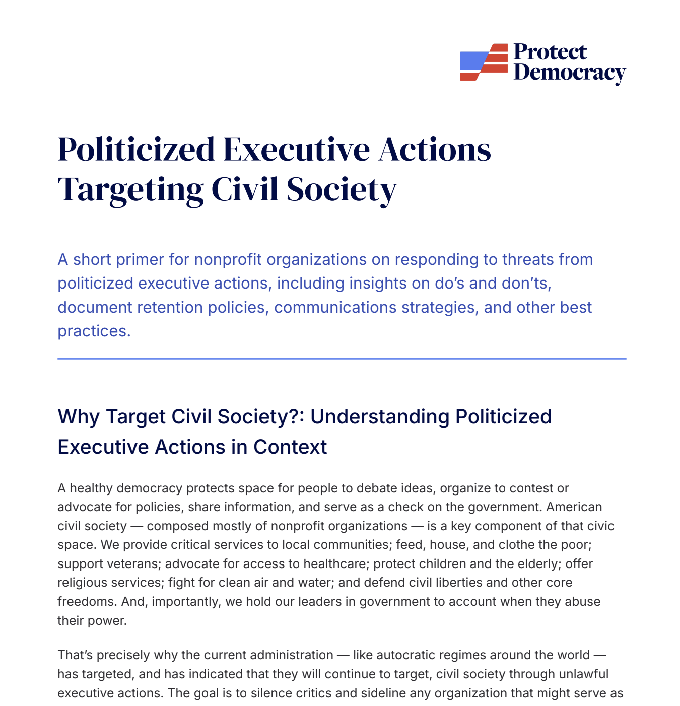 Thumbnail of front page of 'Politicized Executive Actions Targeting Civil Society'.